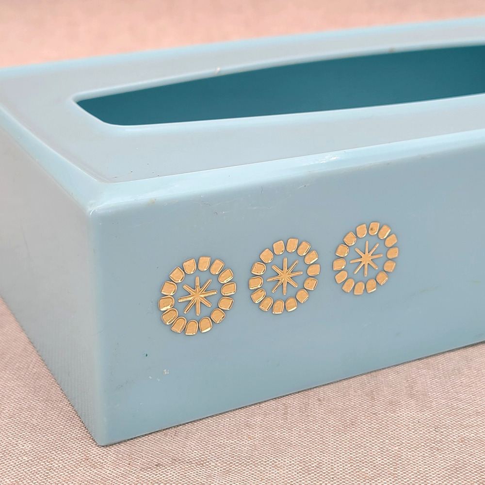 VTG Mid-century Rubbermaid Blue Gold Atomic Tissue Kleenex Box Cover Holder 2939